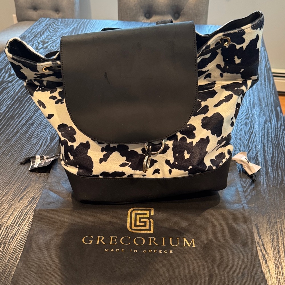 Black & White Cowhide-Print Leather Bucket Backpack